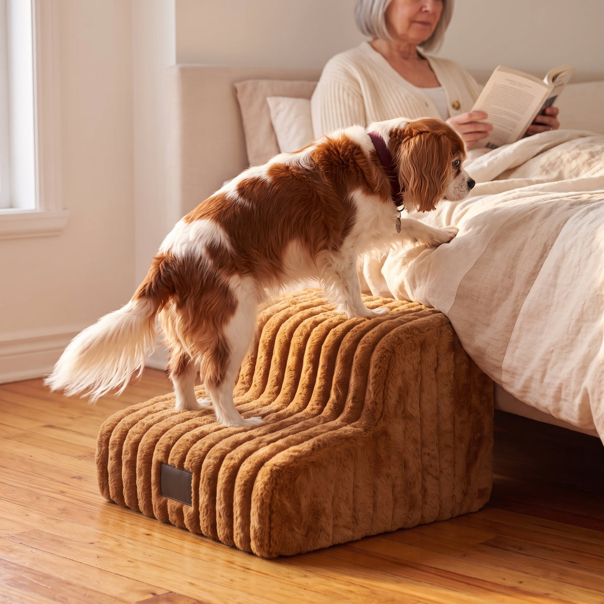 Cavalier king charles monté sur l'escalier Nuage en mousse à mémoire de forme